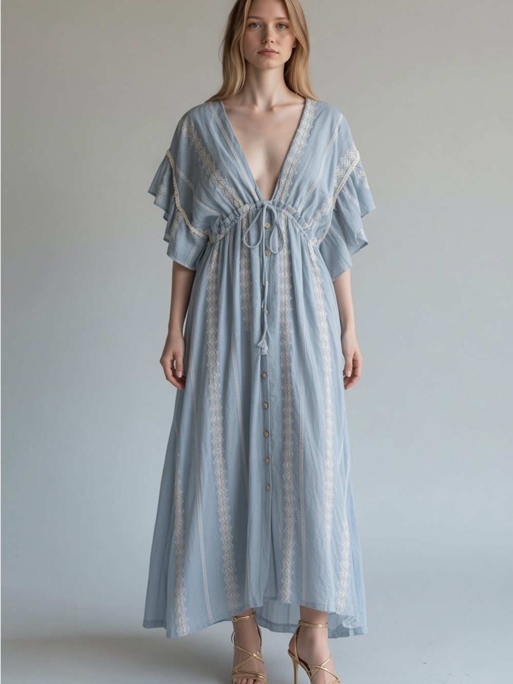 Boho Light Blue Embroidered Maxi Dress with Drawstring Waist